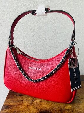 NWT Nautica Red Pebble Leather Chain-Trim Shoulder Bag